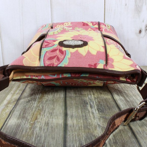 Spartina Pink Floral Canvas Brown Leather Trim Lined Shoulder Bag Size OS - Picture 7 of 12